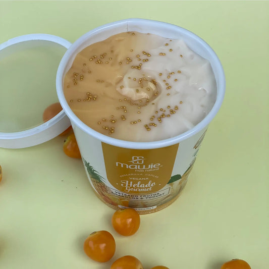 Textura cremosa de tratamiento capilar Mawie Frutos Amarillos con exfoliante de jojoba y efecto frio