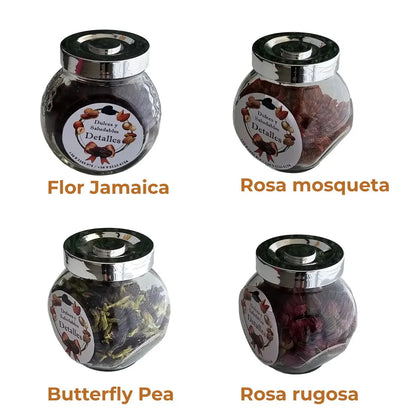 Pack "Alquimia de Flores" - 4 Infusiones en Frascos de Vidrio, Tetera y Chocolates